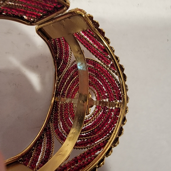 Beaded Hinged Cuff Bracelet, Gold Tone and Red Beads - Picture 7 of 11